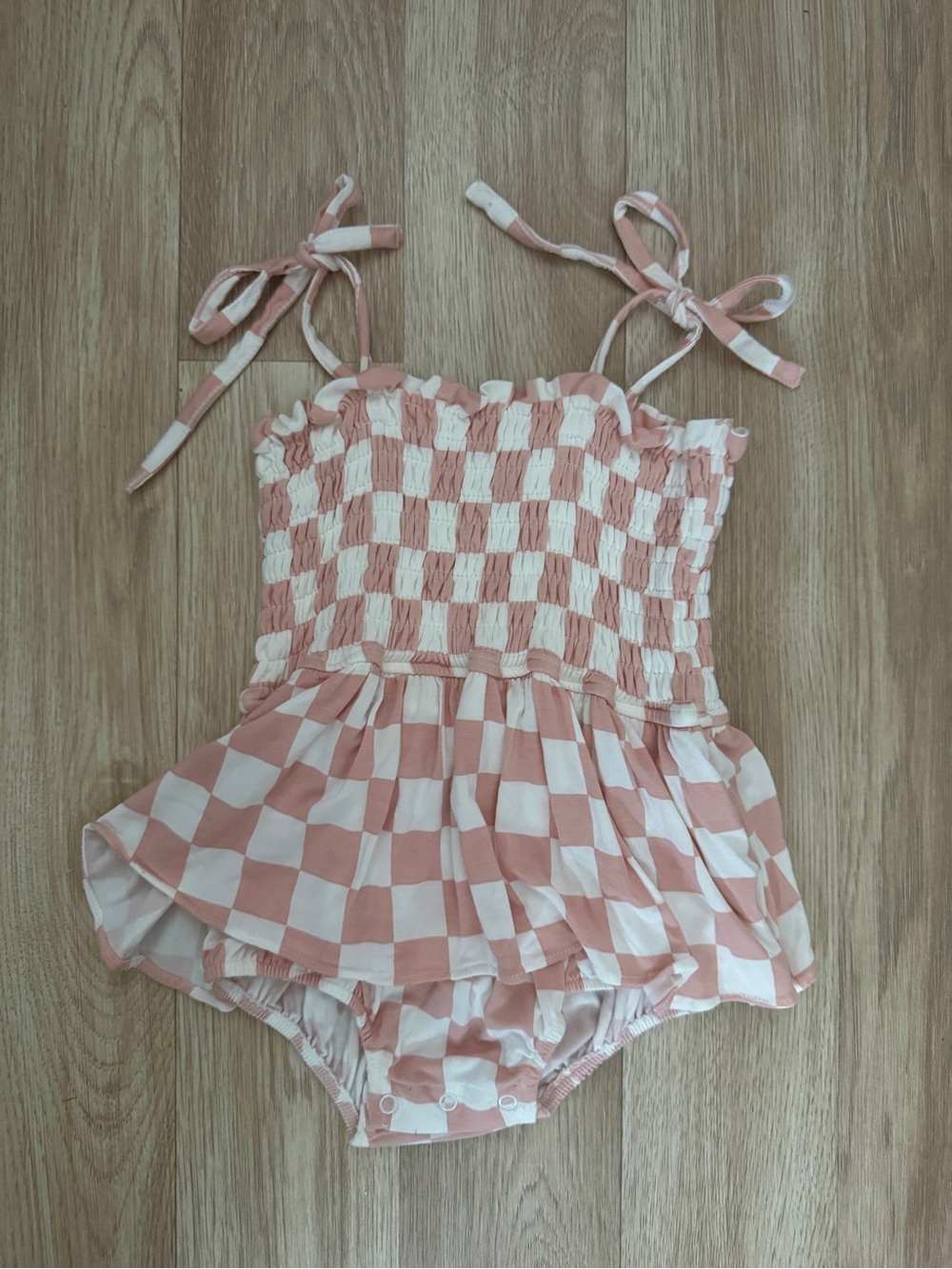 Angel Dear Pink and White Check Smocked Camisole Romper